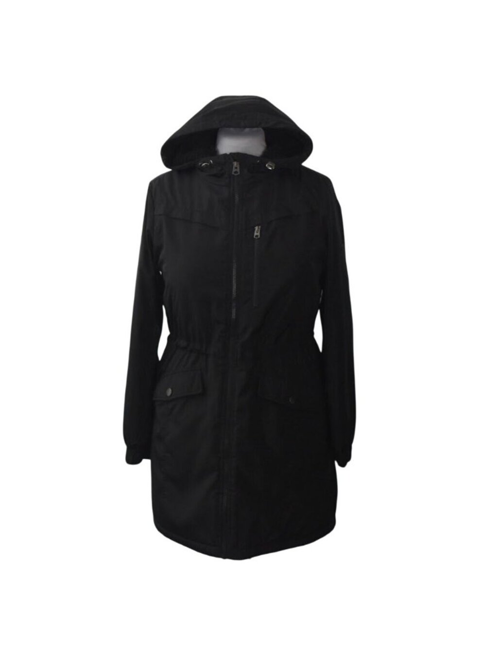 Lucky Brand Parka Coat Womens M Black Faux Fur Lined Hooded Mid Length Jacket